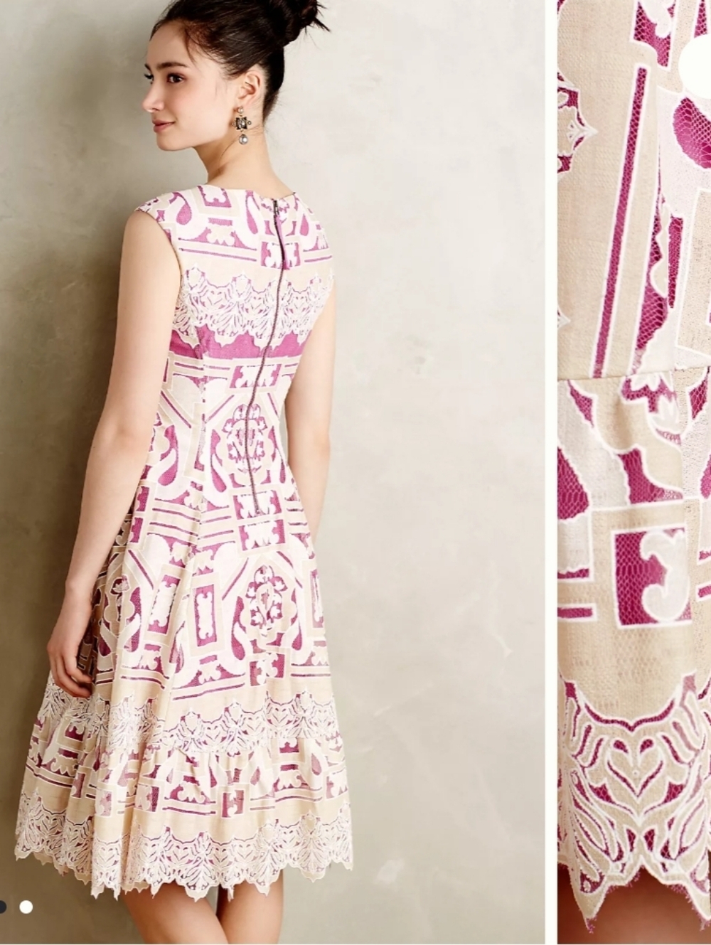 Anthro Moulinette Soeurs Pink and Cream Lace-Inset Midi Dress Versailles - Picture 5 of 13